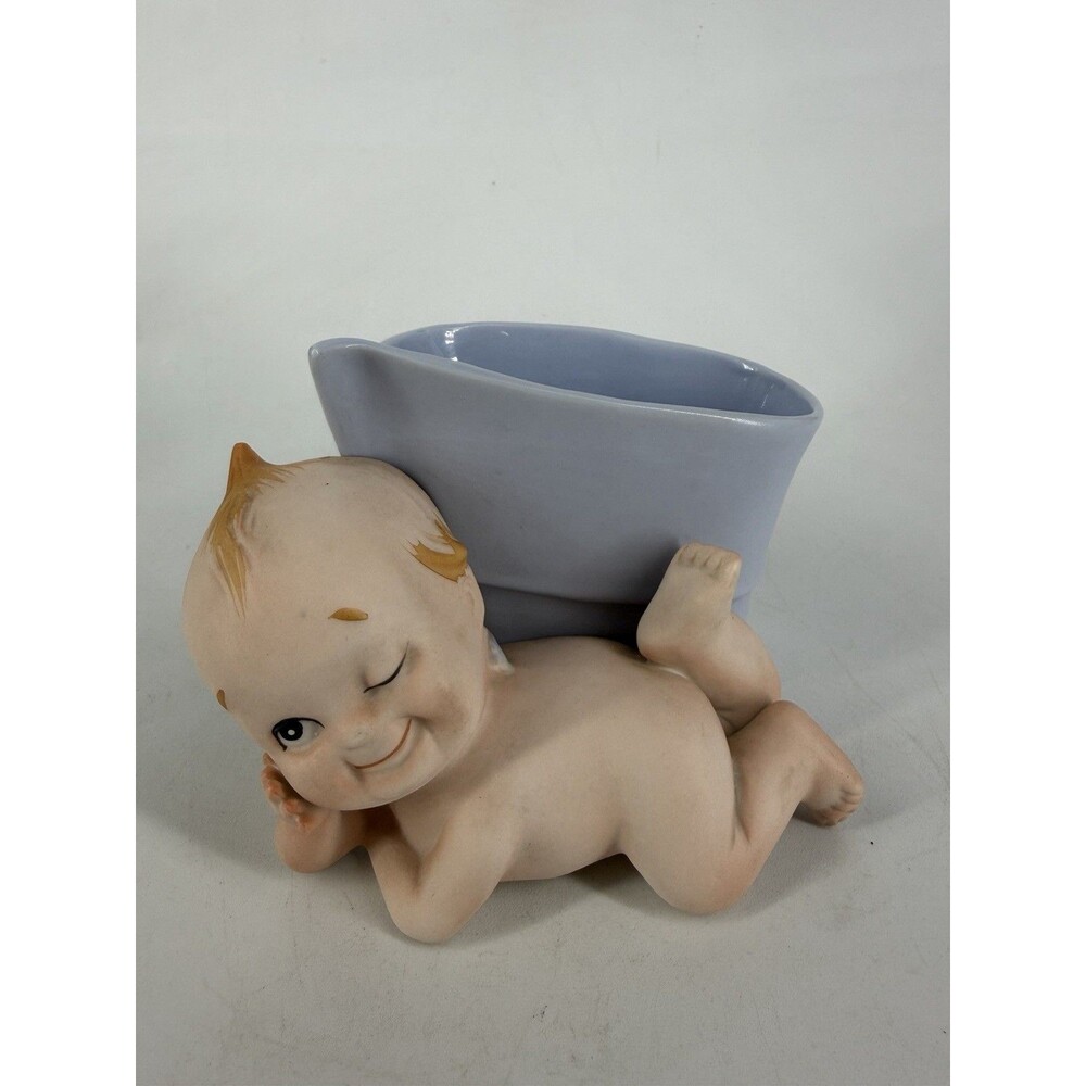 Vintage Lefton Ceramic Kewpie w/Blue Planter Vase KW275